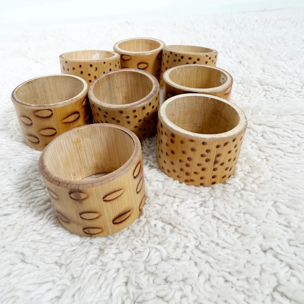 Rustic Tortoise Bamboo Style Napkin Rings - Dotted Natural Wood Tropical Table